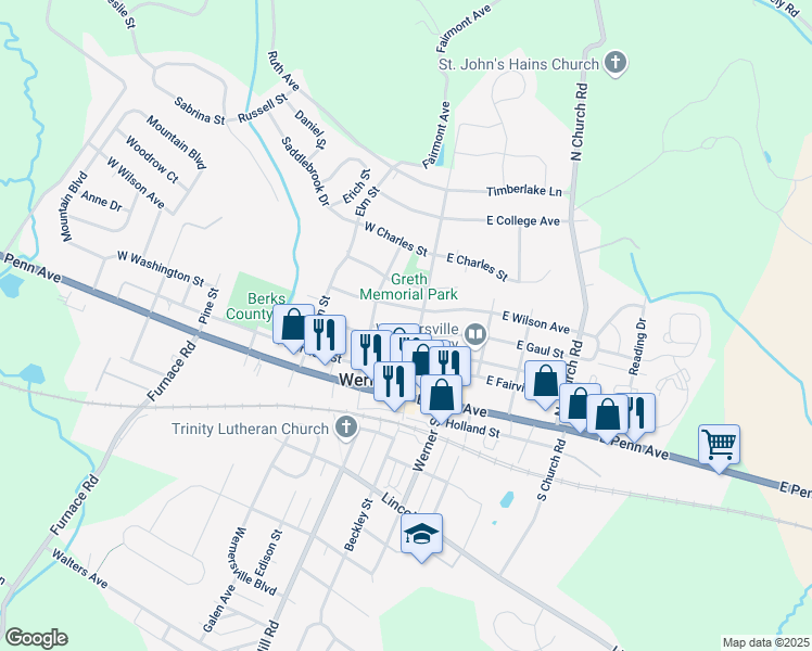 map of restaurants, bars, coffee shops, grocery stores, and more near 14 West Wilson Avenue in Wernersville