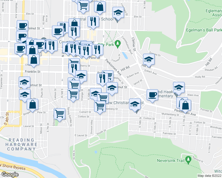 map of restaurants, bars, coffee shops, grocery stores, and more near 1134 Chestnut Street in Reading