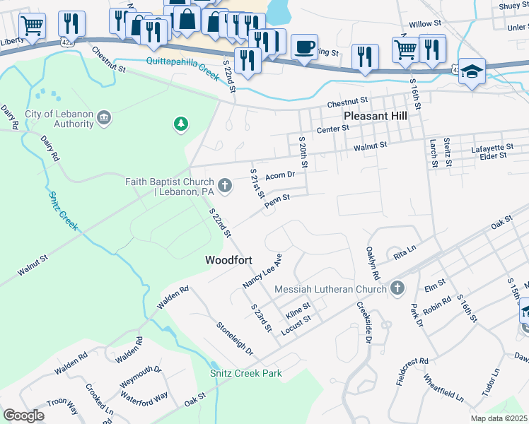 map of restaurants, bars, coffee shops, grocery stores, and more near 2129 Penn Street in Lebanon