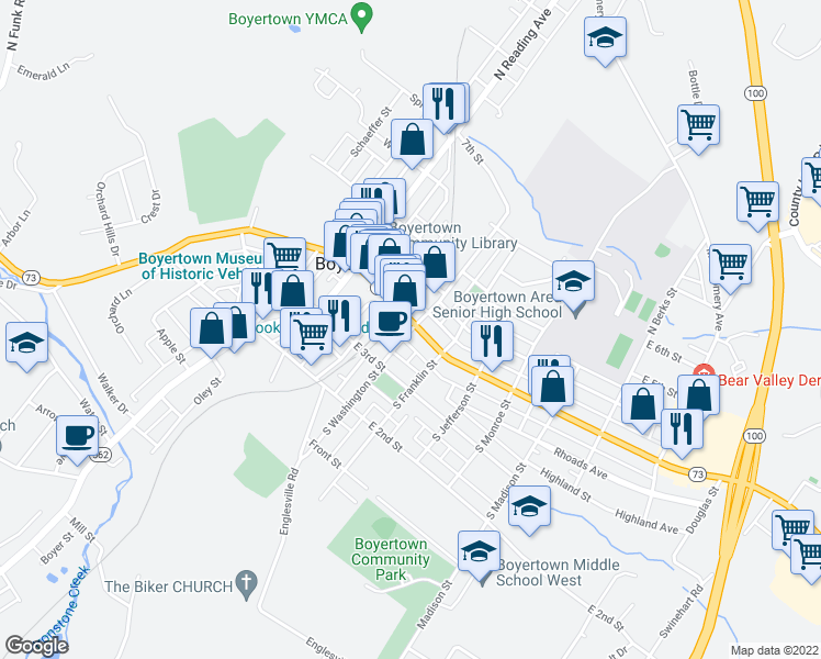 map of restaurants, bars, coffee shops, grocery stores, and more near 13 South Washington Street in Boyertown