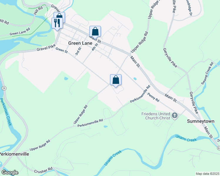 map of restaurants, bars, coffee shops, grocery stores, and more near 6545 Upper Ridge Road in Green Lane