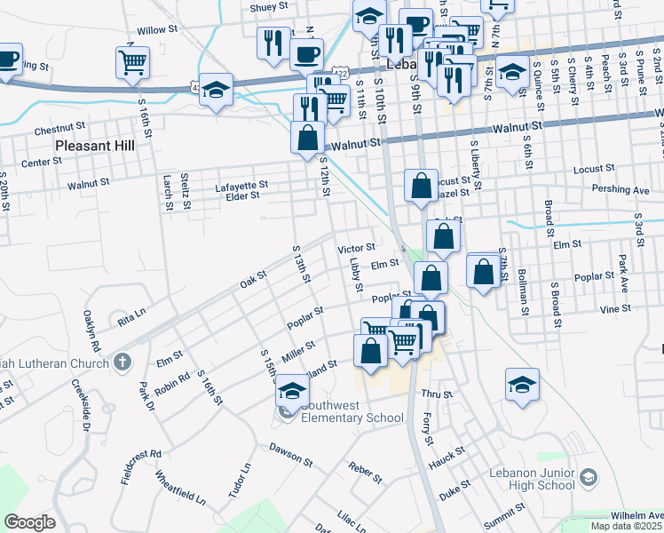 map of restaurants, bars, coffee shops, grocery stores, and more near 435 South 12th Street in Lebanon