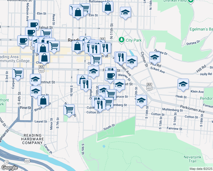 map of restaurants, bars, coffee shops, grocery stores, and more near 1036 Chestnut Street in Reading