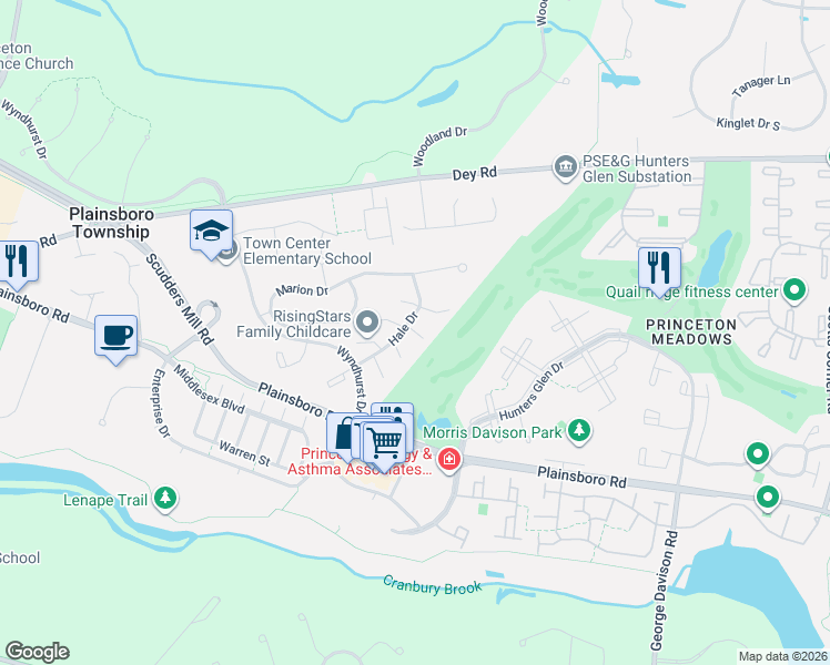 map of restaurants, bars, coffee shops, grocery stores, and more near Burr Court in Princeton Meadows