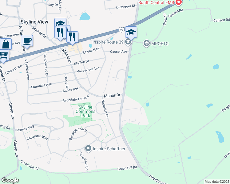map of restaurants, bars, coffee shops, grocery stores, and more near 7925 Manor Dr in Harrisburg