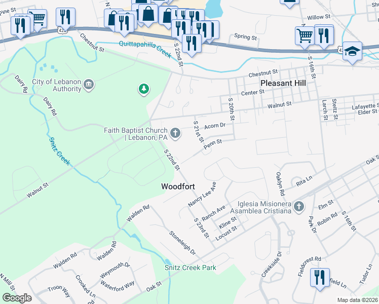 map of restaurants, bars, coffee shops, grocery stores, and more near 2129 Penn Street in Lebanon