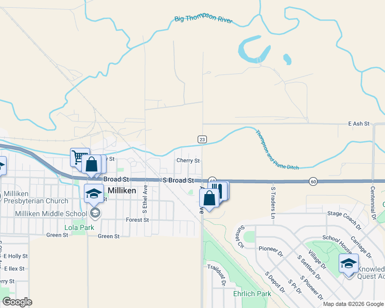 map of restaurants, bars, coffee shops, grocery stores, and more near 203 North Beulah Avenue in Milliken