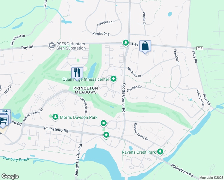 map of restaurants, bars, coffee shops, grocery stores, and more near 2000 Quail Ridge Drive in Plainsboro Township