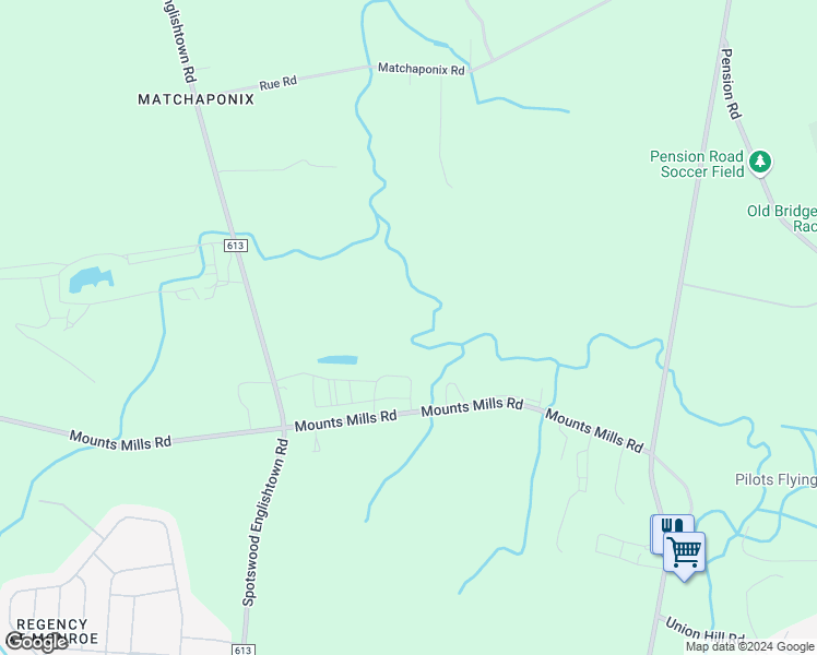 map of restaurants, bars, coffee shops, grocery stores, and more near 315-335 Mounts Mills Road in Monroe Township