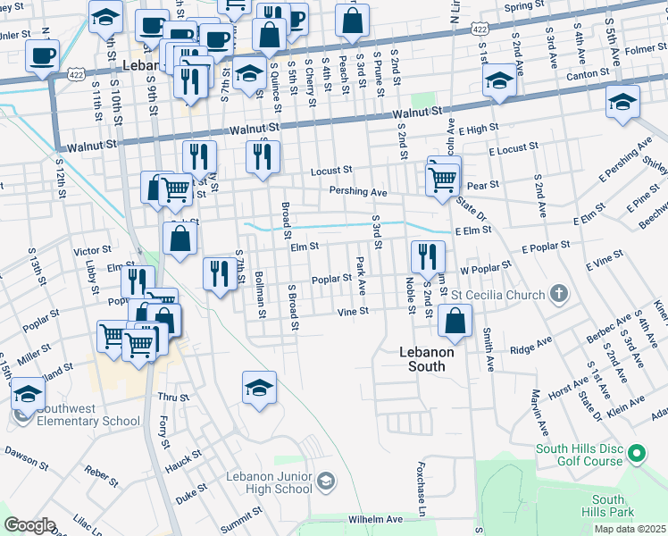 map of restaurants, bars, coffee shops, grocery stores, and more near 510 Worth Street in Lebanon