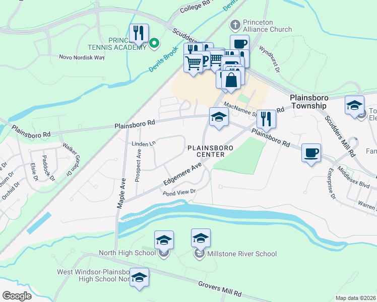 map of restaurants, bars, coffee shops, grocery stores, and more near 29 Linden Lane in Plainsboro Township