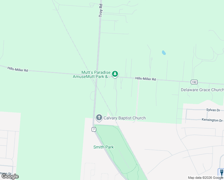 map of restaurants, bars, coffee shops, grocery stores, and more near 1277 Hills-Miller Road in Delaware