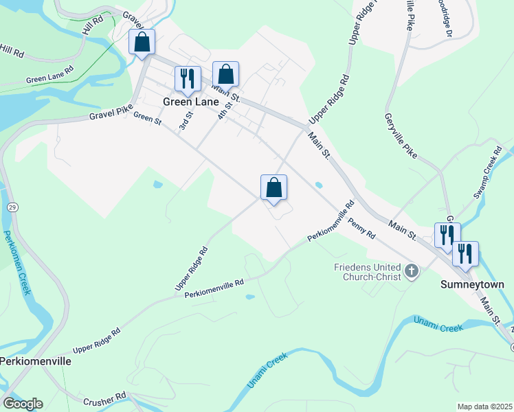 map of restaurants, bars, coffee shops, grocery stores, and more near 6545 Upper Ridge Road in Green Lane