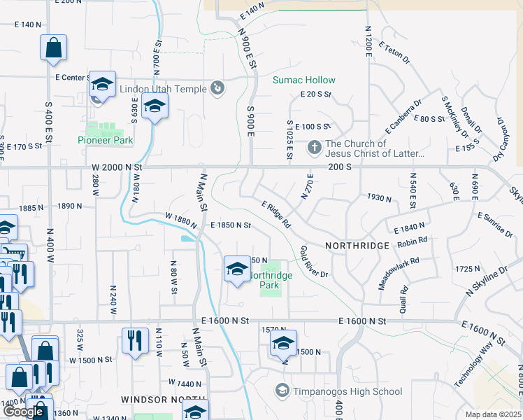 map of restaurants, bars, coffee shops, grocery stores, and more near 182 Ridge Road in Orem