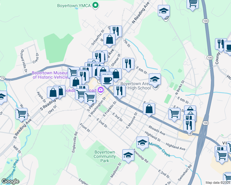 map of restaurants, bars, coffee shops, grocery stores, and more near 207 East Philadelphia Avenue in Boyertown