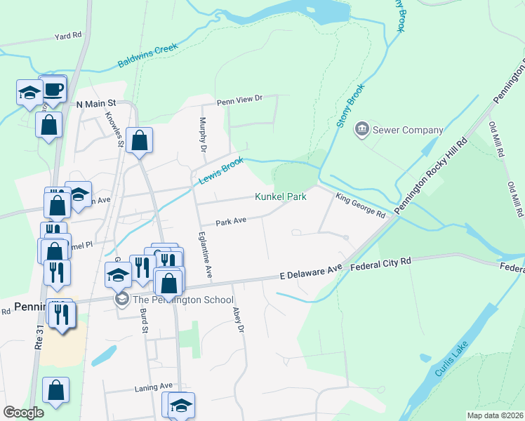 map of restaurants, bars, coffee shops, grocery stores, and more near 19 Park Avenue in Pennington