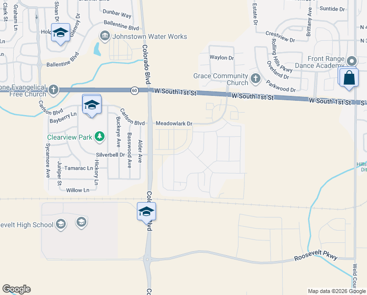 map of restaurants, bars, coffee shops, grocery stores, and more near 2362 Bufflehead Way in Johnstown
