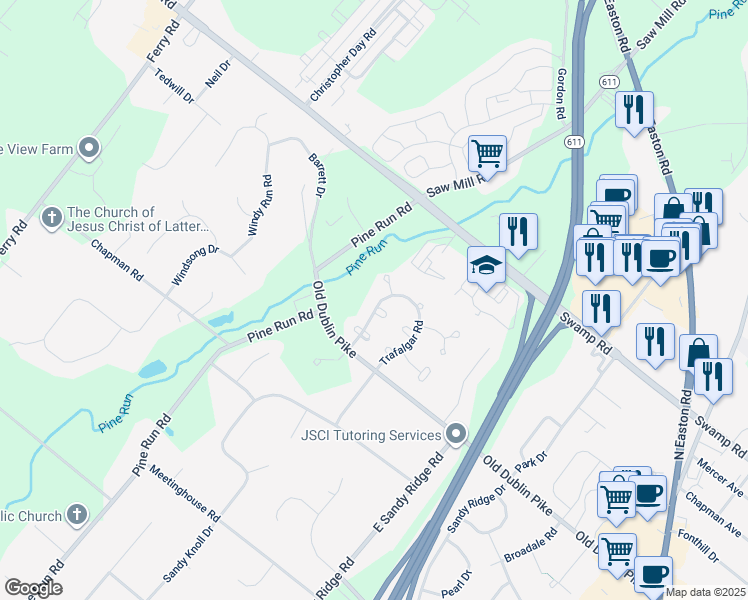 map of restaurants, bars, coffee shops, grocery stores, and more near 39 Trafalgar Rd in Doylestown