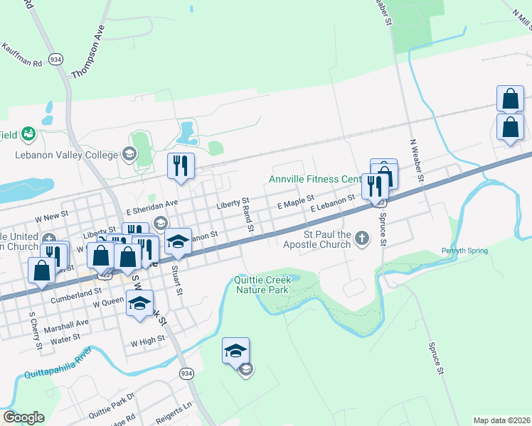 map of restaurants, bars, coffee shops, grocery stores, and more near 490 East Maple Street in Annville