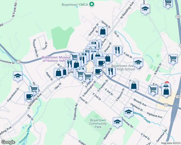 map of restaurants, bars, coffee shops, grocery stores, and more near 47 South Chestnut Street in Boyertown