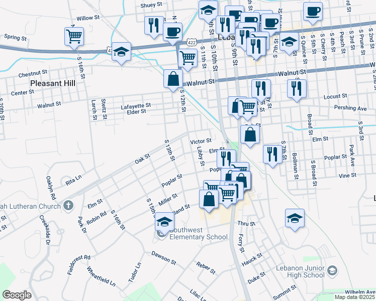 map of restaurants, bars, coffee shops, grocery stores, and more near 435 South 12th Street in Lebanon