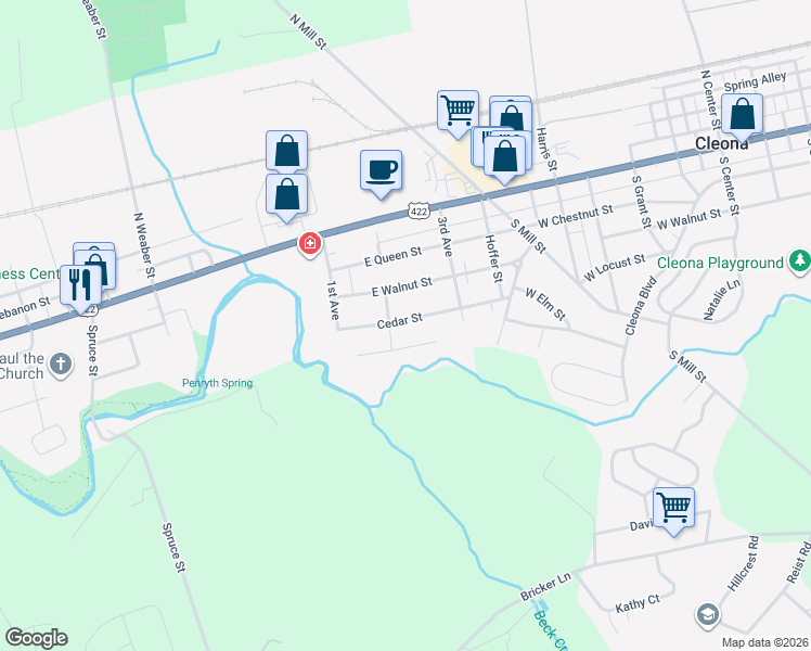map of restaurants, bars, coffee shops, grocery stores, and more near 1412 Cedar Street in Annville