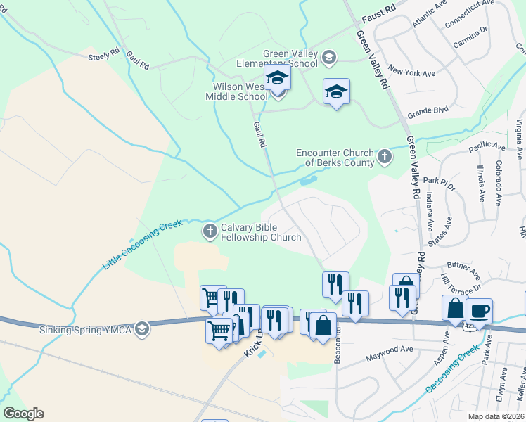 map of restaurants, bars, coffee shops, grocery stores, and more near 56 Regina Drive in Sinking Spring
