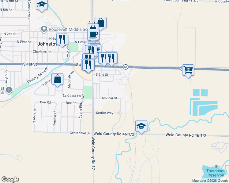 map of restaurants, bars, coffee shops, grocery stores, and more near 100 South 2nd Street in Johnstown