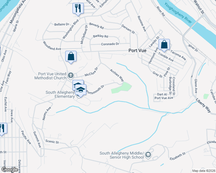 map of restaurants, bars, coffee shops, grocery stores, and more near 1168 Portsmouth Drive in McKeesport