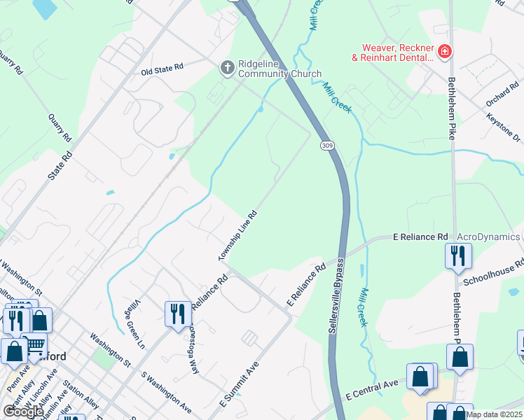 map of restaurants, bars, coffee shops, grocery stores, and more near 112 Township Line Road in Telford
