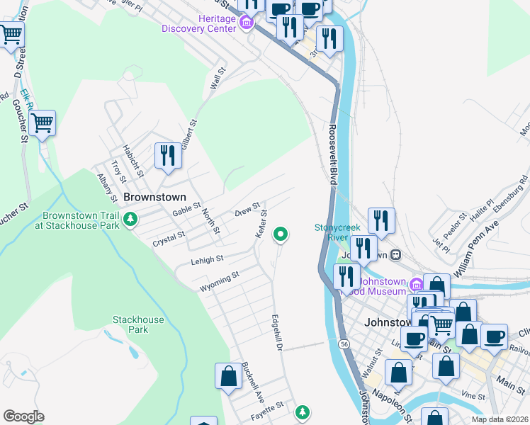 map of restaurants, bars, coffee shops, grocery stores, and more near 49 Mc Keever Street in Johnstown