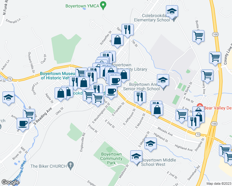 map of restaurants, bars, coffee shops, grocery stores, and more near 132 East Philadelphia Avenue in Boyertown