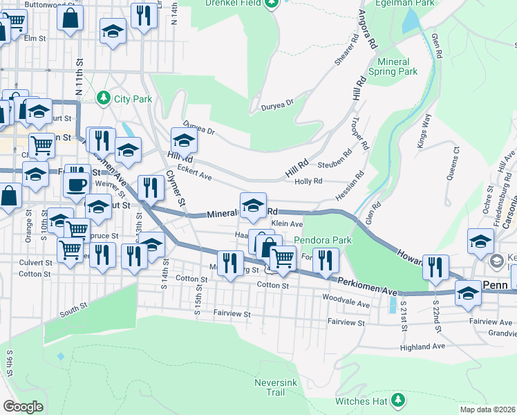 map of restaurants, bars, coffee shops, grocery stores, and more near 1619 Mineral Spring Road in Reading