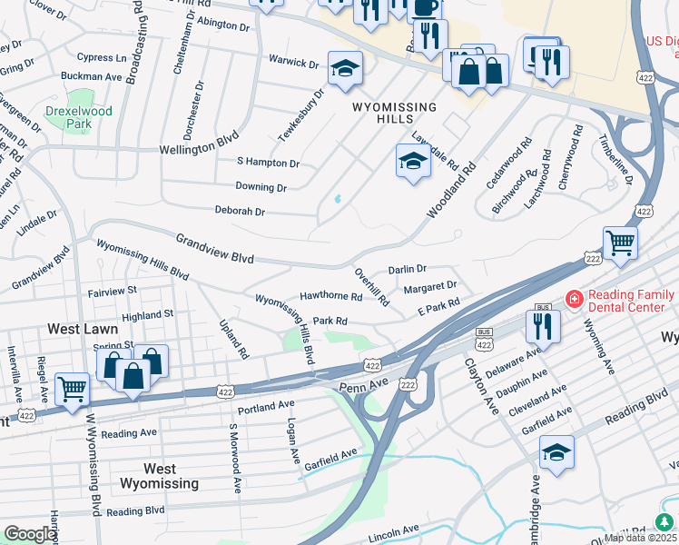 map of restaurants, bars, coffee shops, grocery stores, and more near 52 Grandview Boulevard in Reading