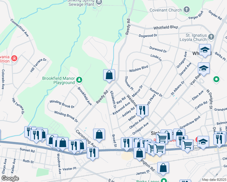 map of restaurants, bars, coffee shops, grocery stores, and more near 323 Elizabeth Drive in Sinking Spring