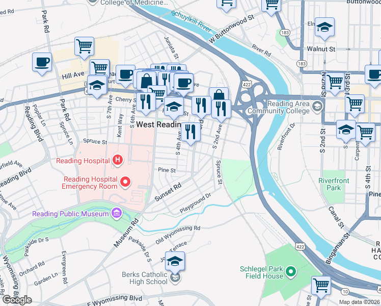 map of restaurants, bars, coffee shops, grocery stores, and more near 236 South 3rd Avenue in Reading