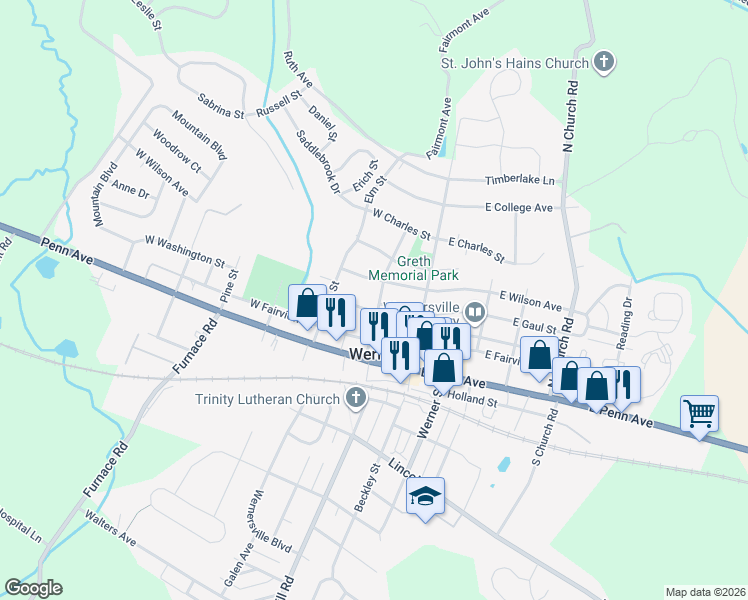 map of restaurants, bars, coffee shops, grocery stores, and more near 220 North Walnut Street in Wernersville