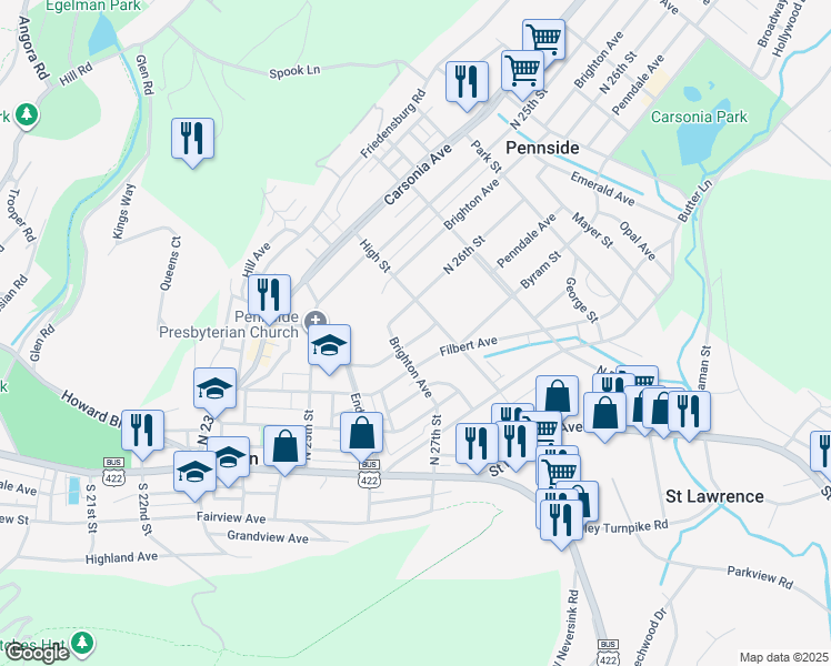 map of restaurants, bars, coffee shops, grocery stores, and more near 2705 Philmay Terrace in Mount Penn