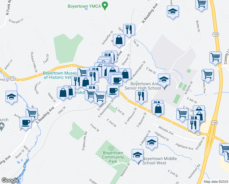 map of restaurants, bars, coffee shops, grocery stores, and more near 120R East Philadelphia Avenue in Boyertown