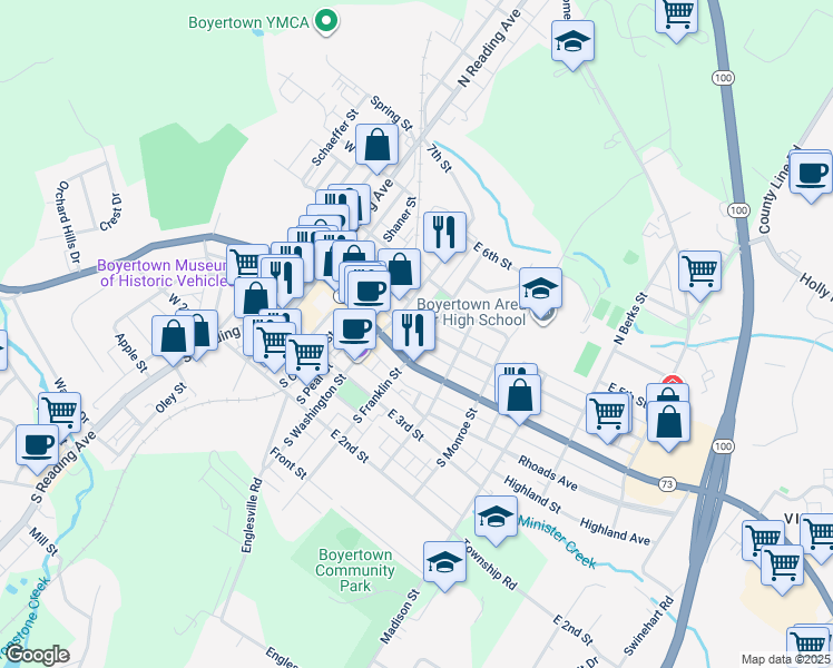 map of restaurants, bars, coffee shops, grocery stores, and more near 224 East 4th Street in Boyertown