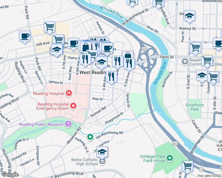 map of restaurants, bars, coffee shops, grocery stores, and more near 300 South 3rd Avenue in Reading