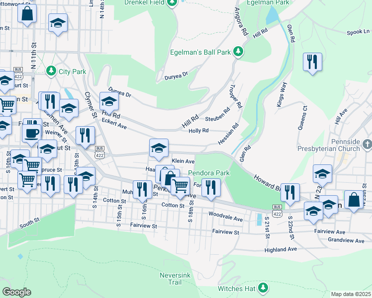 map of restaurants, bars, coffee shops, grocery stores, and more near 1709 Mineral Spring Road in Reading