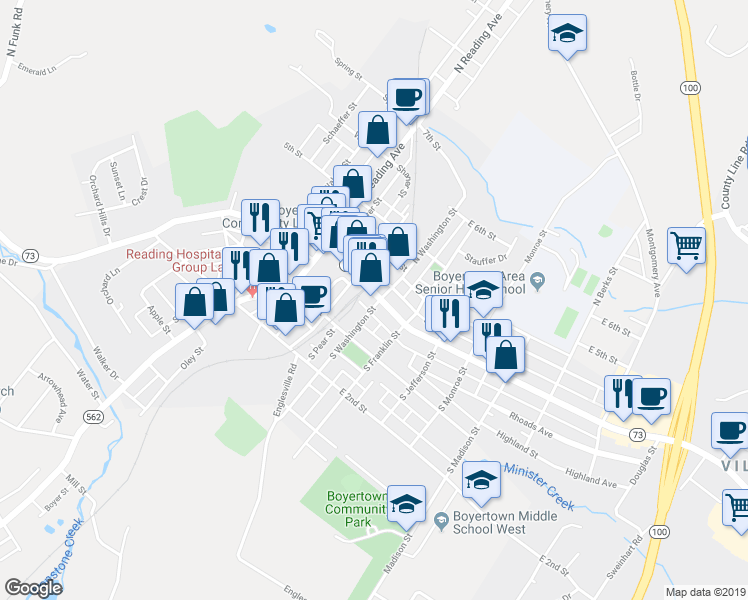 map of restaurants, bars, coffee shops, grocery stores, and more near 11 South Washington Street in Boyertown