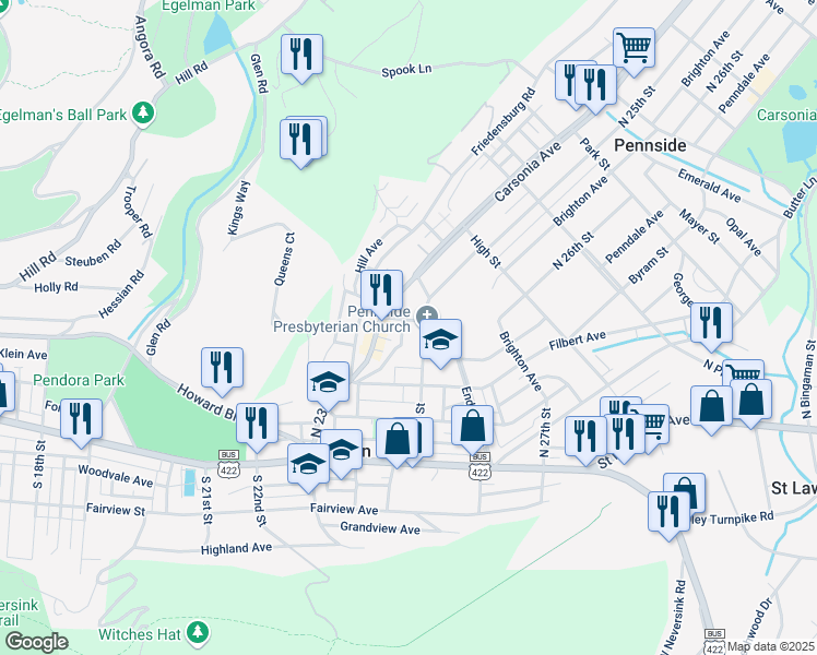 map of restaurants, bars, coffee shops, grocery stores, and more near 237 Oak Terrace in Mount Penn