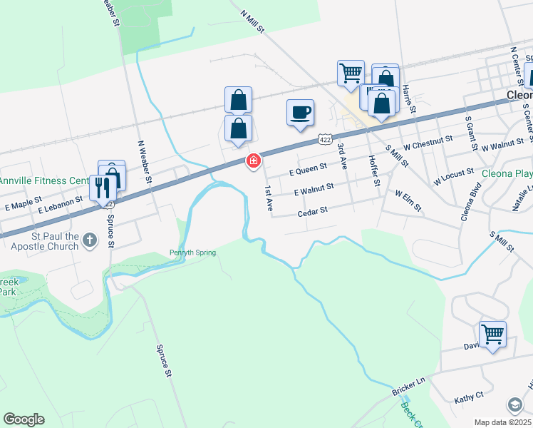 map of restaurants, bars, coffee shops, grocery stores, and more near 235 1st Avenue in Annville
