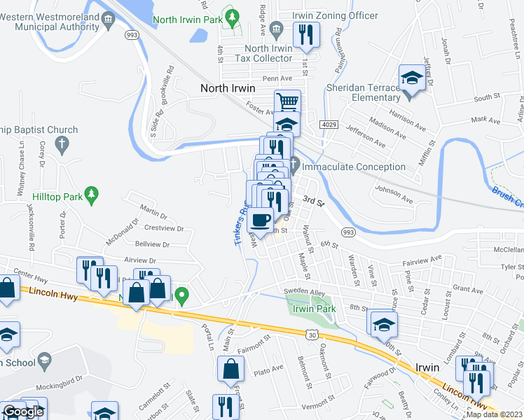 map of restaurants, bars, coffee shops, grocery stores, and more near 400 Main Street in Irwin