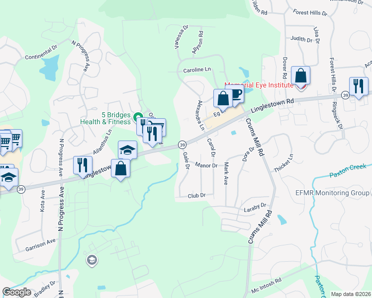 map of restaurants, bars, coffee shops, grocery stores, and more near 2199 Gale Drive in Harrisburg