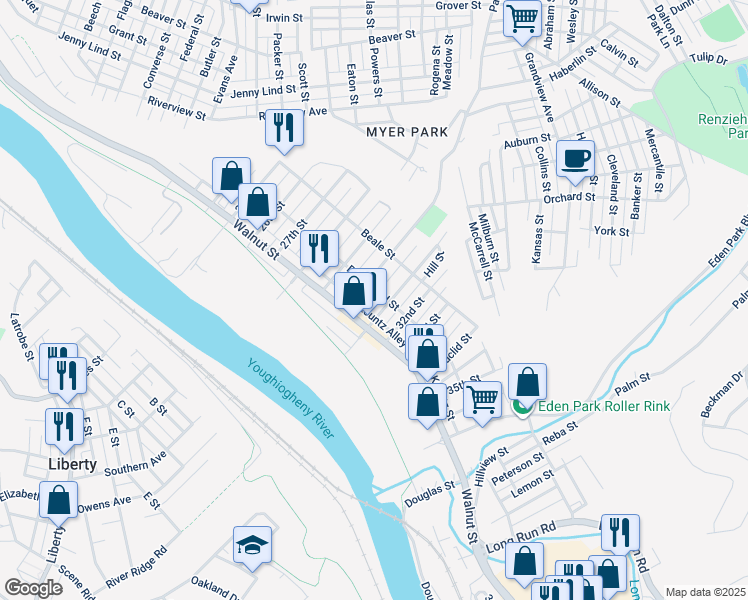 map of restaurants, bars, coffee shops, grocery stores, and more near 321 31st Street in McKeesport