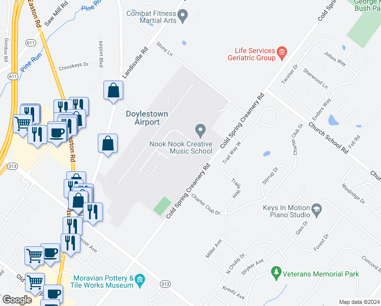 map of restaurants, bars, coffee shops, grocery stores, and more near 4050 Skyron Drive in Doylestown