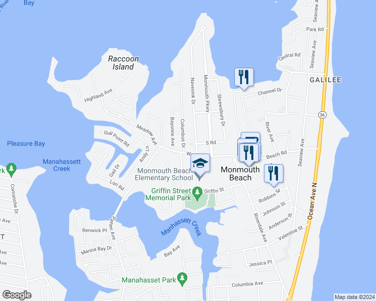 map of restaurants, bars, coffee shops, grocery stores, and more near 25 Wesley Street in Monmouth Beach
